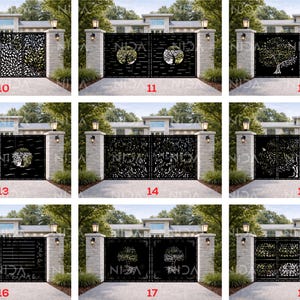 Op de afbeelding: Zwarte metalen opritpoorten met diverse decoratieve ontwerpen. De poorten staan tussen stenen pilaren met lichten. Ontwerpen omvatten bladpatronen, boom silhouetten en cirkelvormige motieven. De poorten zijn genummerd van 10 tot en met 18.