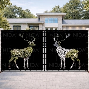 May include: Black metal gate with two decorative deer designs. One deer is gold and green, the other is white and silver. The gate is in front of a large house with a stone facade.