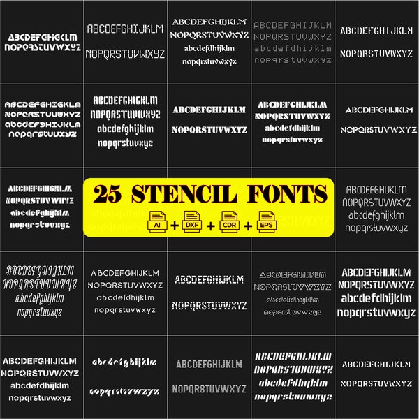 25 Stencil Font dxf cdr, ai,  eps Stencil Alphabet, Army Font, Stencil Font, Digital Download,