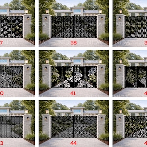 Puede incluir: Una colección de puertas decorativas de metal con varios diseños intrincados. Cada puerta negra está colocada entre pilares de piedra con luces. Los diseños incluyen patrones florales, geométricos y abstractos. Los números 37-45 son visibles.