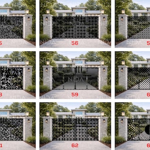 Peut inclure: Neuf portails de cour noirs en métal avec divers motifs décoratifs. Chaque portail est flanqué de piliers en pierre avec des lampes. Les portails sont numérotés de 55 à 63.