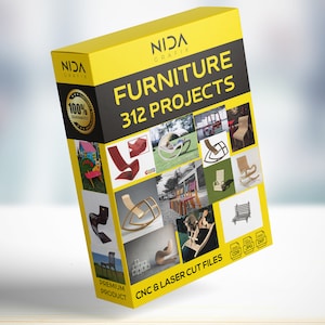 Puede incluir: Una caja amarilla con el texto "NIDA GRAFIX FURNITURE 312 PROJECTS" y un sello de garant&iacute;a del 100%. La caja presenta im&aacute;genes de varios dise&ntilde;os de muebles, incluyendo sillas, mesas y bancos. El texto "PREMIUM PRODUCT CNC & LASER CUT FILES" tambi&eacute;n es visible en la caja.