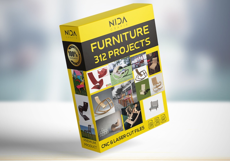Puede incluir: Una caja amarilla con el texto "NIDA GRAFIX FURNITURE 312 PROJECTS" y un sello de garant&iacute;a del 100%. La caja presenta im&aacute;genes de varios dise&ntilde;os de muebles, incluyendo sillas, mesas y bancos. El texto "PREMIUM PRODUCT CNC & LASER CUT FILES" tambi&eacute;n es visible en la caja.