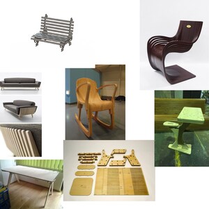 Puede incluir: Un collage de diferentes dise&ntilde;os de muebles de madera, que incluyen un banco, una mecedora, una silla, una mesa y un escritorio. Los muebles est&aacute;n hechos de varios tipos de madera, incluyendo madera contrachapada y madera maciza. Los muebles est&aacute;n en diferentes etapas de finalizaci&oacute;n, algunos est&aacute;n terminados y otros todav&iacute;a est&aacute;n en proceso de construcci&oacute;n.