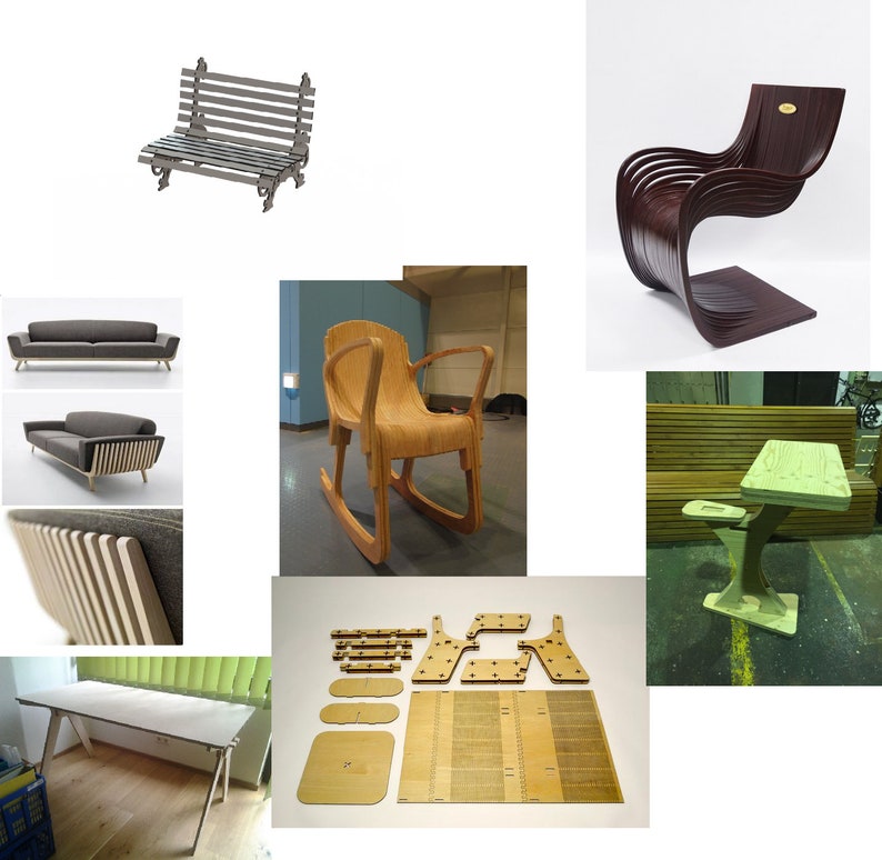 Puede incluir: Un collage de diferentes dise&ntilde;os de muebles de madera, que incluyen un banco, una mecedora, una silla, una mesa y un escritorio. Los muebles est&aacute;n hechos de varios tipos de madera, incluyendo madera contrachapada y madera maciza. Los muebles est&aacute;n en diferentes etapas de finalizaci&oacute;n, algunos est&aacute;n terminados y otros todav&iacute;a est&aacute;n en proceso de construcci&oacute;n.