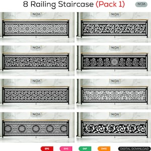 May include: A digital collection titled 8 Railing Staircase (Pack 1) featuring eight distinct black metal railing designs with intricate geometric, floral, and scrollwork patterns. Each panel is displayed horizontally with a wooden top rail.