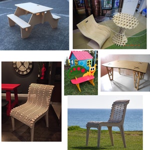 Puede incluir: Una colecci&oacute;n de muebles de madera hechos de madera contrachapada. Los muebles incluyen una mesa de picnic, una silla, una mesa con tapa de vidrio, un banco y un escritorio. Todos los muebles est&aacute;n hechos en un estilo simple y moderno.