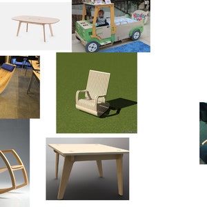 Puede incluir: Una colecci&oacute;n de muebles y juguetes de madera, que incluye una mecedora, una mesa, un caballito de madera y un cami&oacute;n de juguete. Los muebles est&aacute;n hechos de madera natural y tienen un dise&ntilde;o simple y moderno.