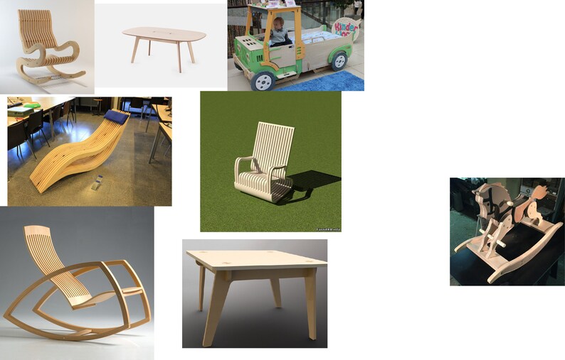 Puede incluir: Una colecci&oacute;n de muebles y juguetes de madera, que incluye una mecedora, una mesa, un caballito de madera y un cami&oacute;n de juguete. Los muebles est&aacute;n hechos de madera natural y tienen un dise&ntilde;o simple y moderno.