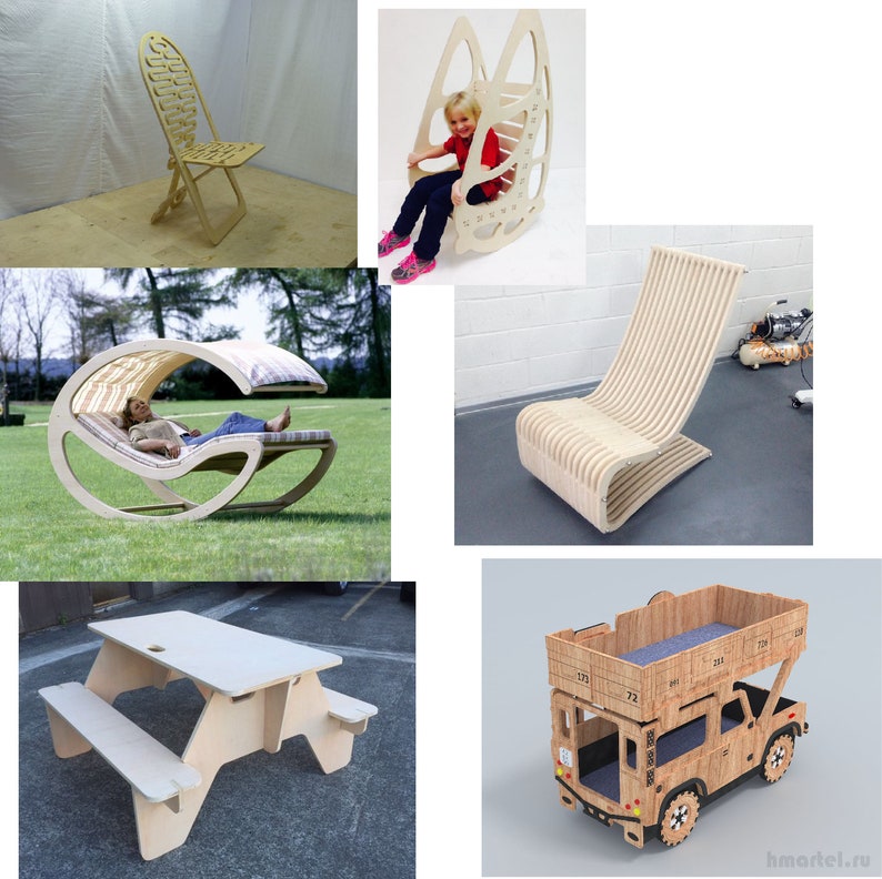 Puede incluir: Cinco dise&ntilde;os diferentes de muebles de madera, que incluyen una silla plegable, una mecedora, una tumbona, un banco y un marco de cama. Todos los muebles est&aacute;n hechos de madera contrachapada y tienen un acabado de madera natural.