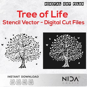 Op de afbeelding: Digitale snijbestanden met een Tree of Life sjabloonvectorontwerp. De afbeelding toont twee versies van de boom, één in zwart-wit, met bladeren en vogels. Tekst bevat "Tree of Life" en "Direct downloaden."