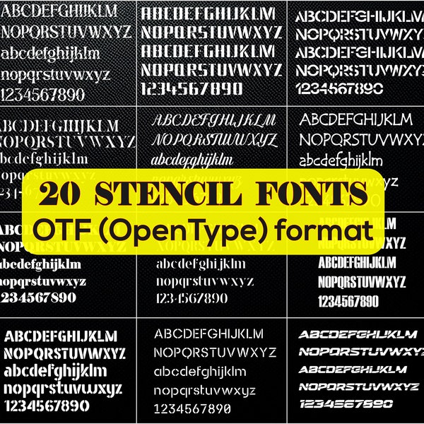 20 Stencil Font Format OTF (Open Type) Entwickelt von Microsoft und Adobe / Stencil Alphabet, Army Font, Schablonenschrift, Digital Download