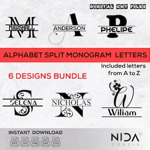 May include: A digital download bundle of 6 alphabet split monogram letters. The letters are in black and white and are designed for use in crafting projects. The letters are A, M, N, P, S, and W. The bundle includes letters from A to Z.