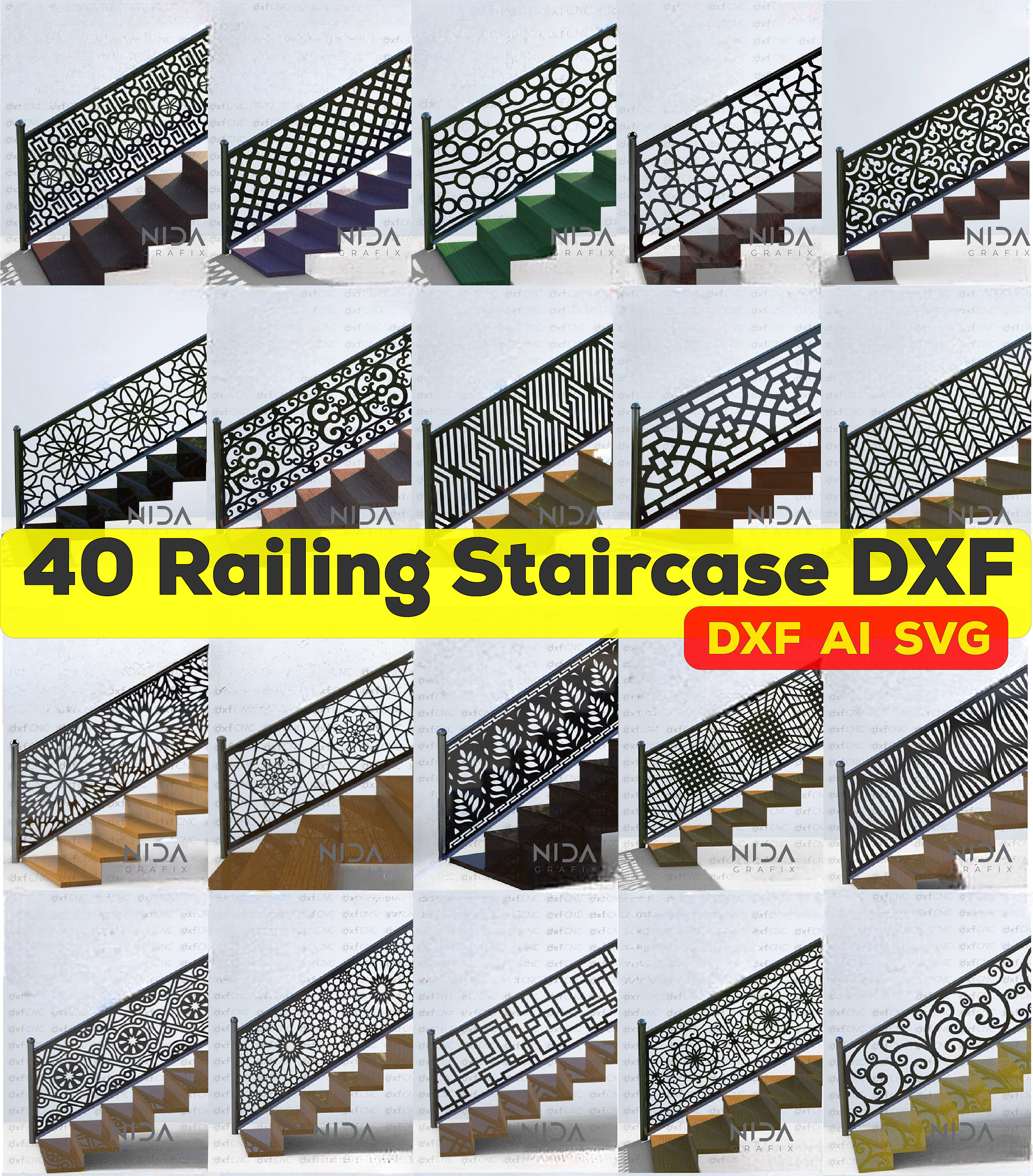 40 Decorative Stairs Railing Dxf Svg Ai, Privacy Screen, Stairs Railing DXF, Railing DXF, Railing Design, 40 Unique Designs