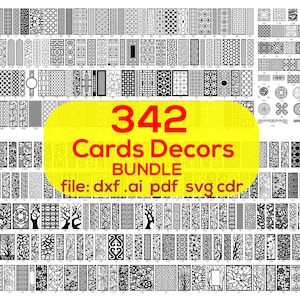 May include: A collection of 342 black and white decorative card designs. The designs are in a variety of styles, including geometric, floral, and abstract. The text "342 Cards Decors Bundle file: dxf .ai pdf svg cdr" is displayed in red and white on a yellow background.