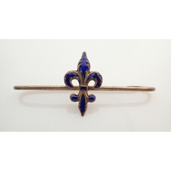 Antique Blue Enamel Fleur de Lis Safety Pin Brooch - image 2