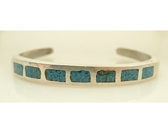 Vintage Zuni Bangle 1970s – Turquoise Mosaic Inlay – Hand-chained