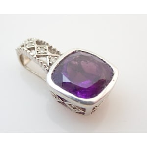 10k Solid White Gold Amethyst & Diamond Necklace Pendant