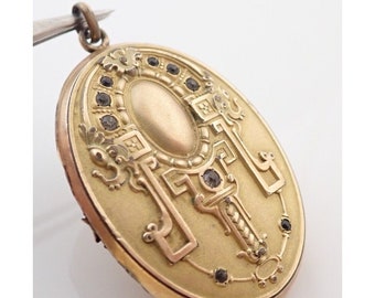Ciondolo per collana con medaglione con foto sbalzata in strass da 1 7/8 "riempito in oro antico