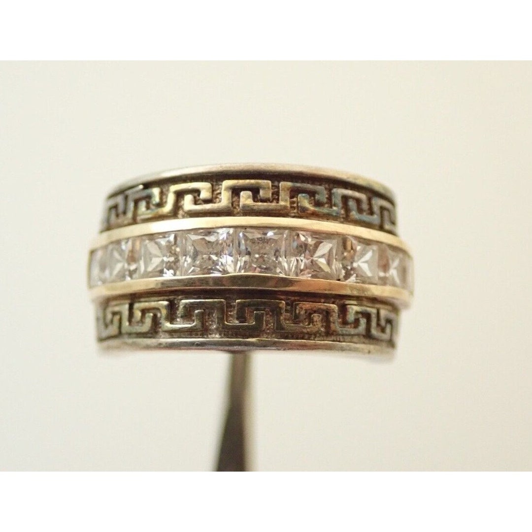 10k Solid Yellow Gold & Sterling Silver CZ Greek Key Design Band Ring ...