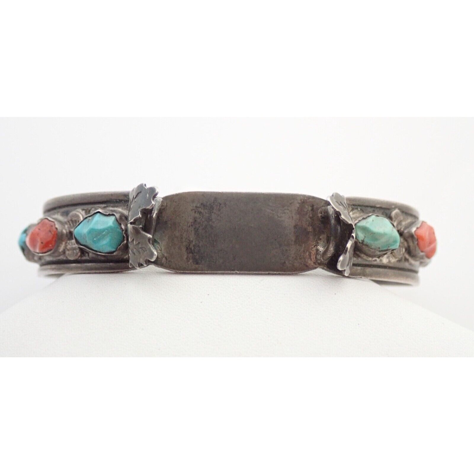 Vintage Navajo Sterling Silver Turquoise Coral Watch Cuff Bracelet RB Signed Native American Navajo Handcrafted Sterling Silver Cuff  main image 4
