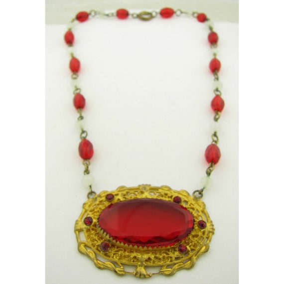 Vintage Art Deco Czech Filigree Red Glass Rhinest… - image 1