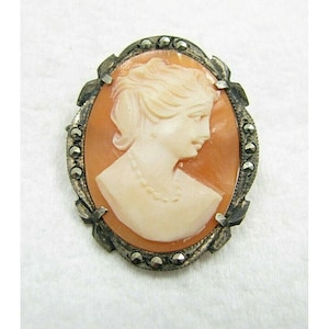 Antique 800 Silver Carved Cameo Shell Marcasite Brooch Pin Necklace Pendant
