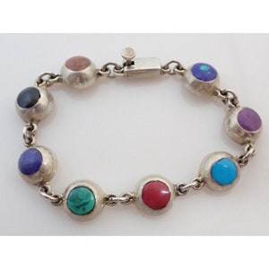 Bracciale da 7 3/8 &quot;in argento sterling con maglie in corallo rosso e turchese multipietra messicano vintage