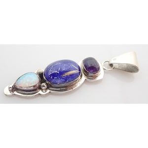 Bea Tom Signed Amethyst Rutilated Quartz Opal Sterling Silver Necklace Pendant