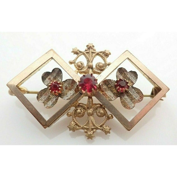 Antique Victorian Red Jeweled Rhinestone Gold Fil… - image 1