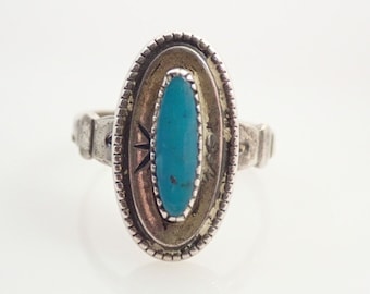 Vintage Navajo Signed Bell Trading Post Morenci Turquoise Sterling Ring Sz 5.5