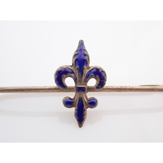 Antique Blue Enamel Fleur de Lis Safety Pin Brooch - image 1