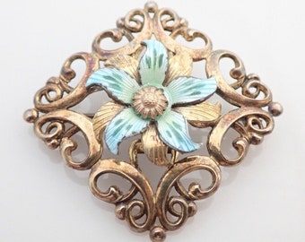 Vintage Symmetalic Sterling 14K Gold Guilloche Enamel Flower Filigree Brooch Pin