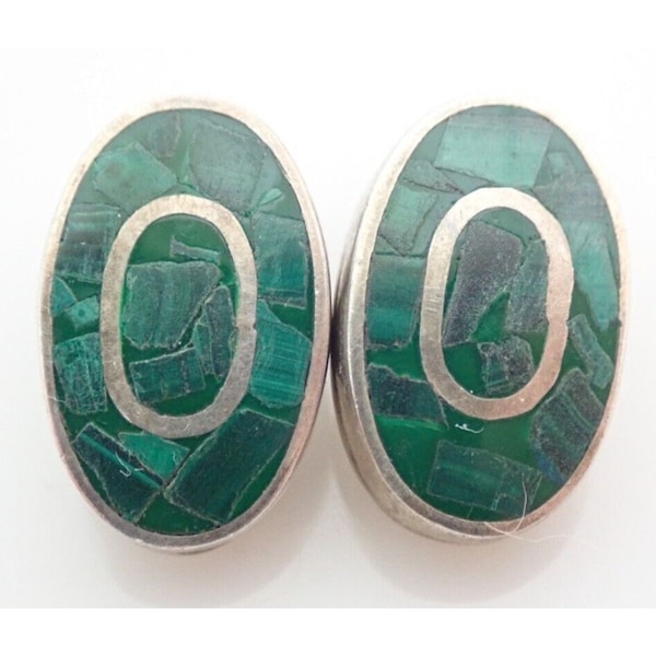 Vintage Taxco Mexico Green Malachite Inlay Sterling Silver Clip On Earrings