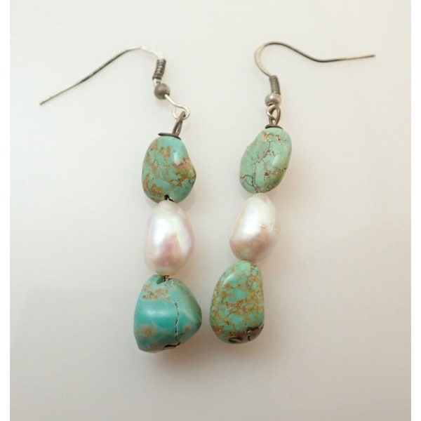 Vintage Green Royston Turquoise & Baroque Pearl Dangle Earrings