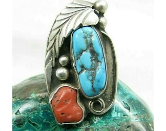 Vintage Sterling Turquoise and Coral Navajo Ring, Size 7, Signed - Etsy