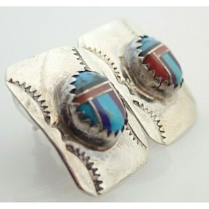 Vintage Navajo Multi Stone Inlay Turquoise Lapis Coral Sterling Silver Earrings