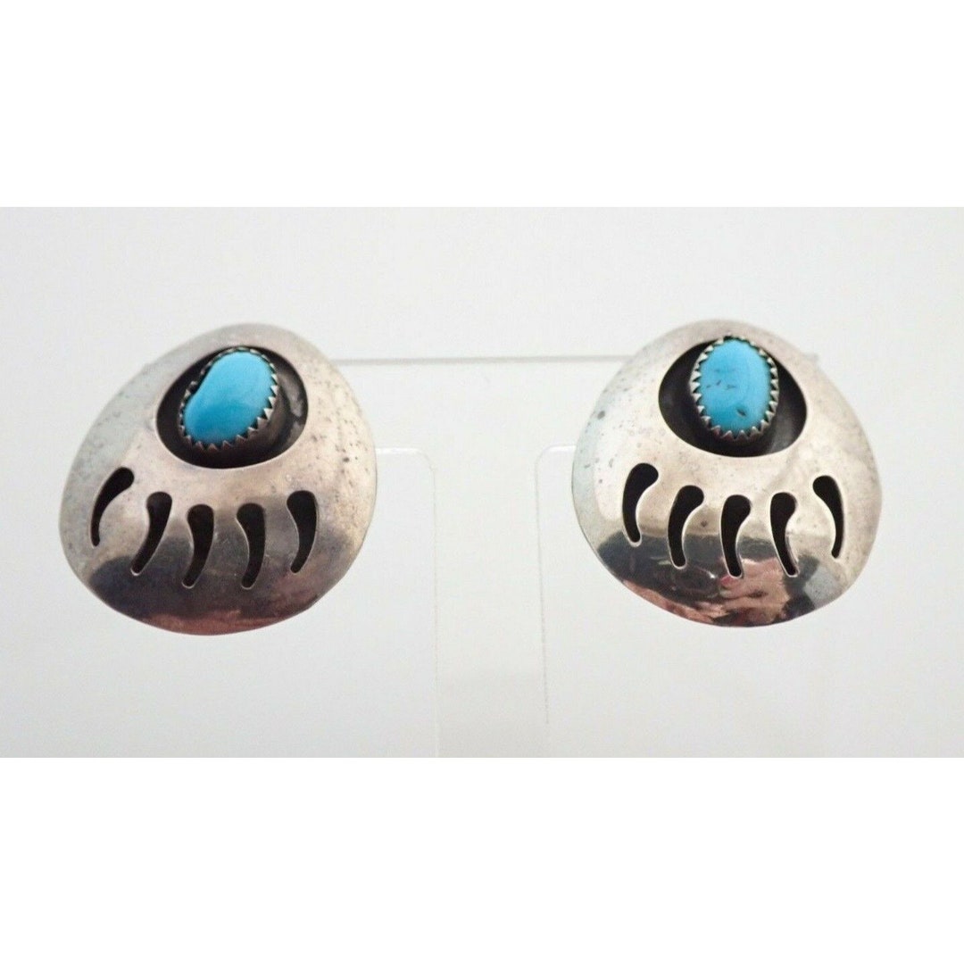 BIG Vintage Navajo Native American Turquoise Bear Paw Sterling Silver ...