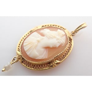 10k Yellow Gold Antique Cameo Shell Filigree Pearl Lavalier Necklace Pendant