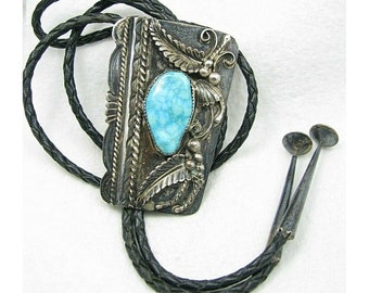 Vtg Navajo Signed A BENALLY Spiderweb #8 Turquoise Sterling Bolo Tie Necklace