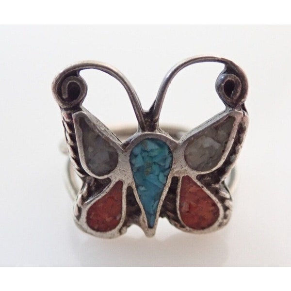 Vintage Navajo Turquoise Coral MOP Pearl Inlay Butterfly Sterling Silver Ring 6