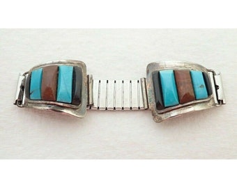Vintage HOPI Signed Snow Horse Turquoise Inlay Sterling Watch Band Lugs Ends