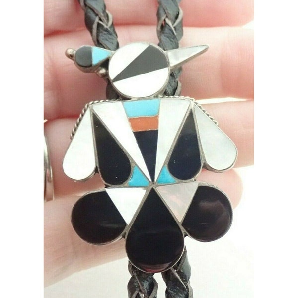 Vintage ZUNI A Dishta Signed Thunderbird Inlay Sterling Silver Bolo Tie Necklace