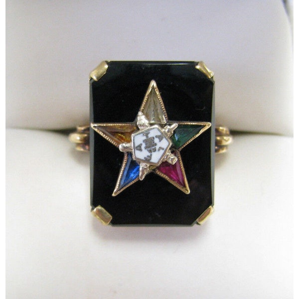 10k Gold Vintage Art Déco Order of the Eastern Star Anello smaltato con pietre preziose Sz 5.25