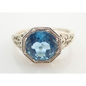 Antique Art Deco 14k Solid White Gold Blue Topaz Gemstone Filigree Ring Sz 5.75