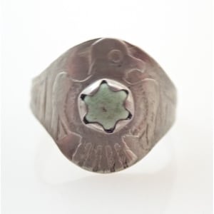 Early Vintage Fred Harvey Era Green Turquoise Thunderbird Band Ring Sz 4