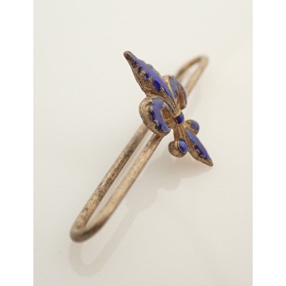 Antique Blue Enamel Fleur de Lis Safety Pin Brooch - image 3