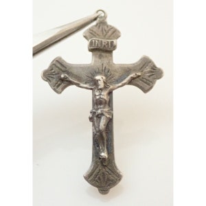 Antique Religious Rosary Cross Sterling Silver Mother Crucifix Necklace Pendant