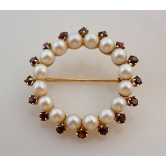 14k Solid Yellow Gold Pearl & Garnet Gemstone Cir… - image 1