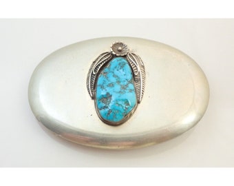 Vintage Navajo Sleeping Beauty Turquoise Nickel Sterling Silver Belt Buckle